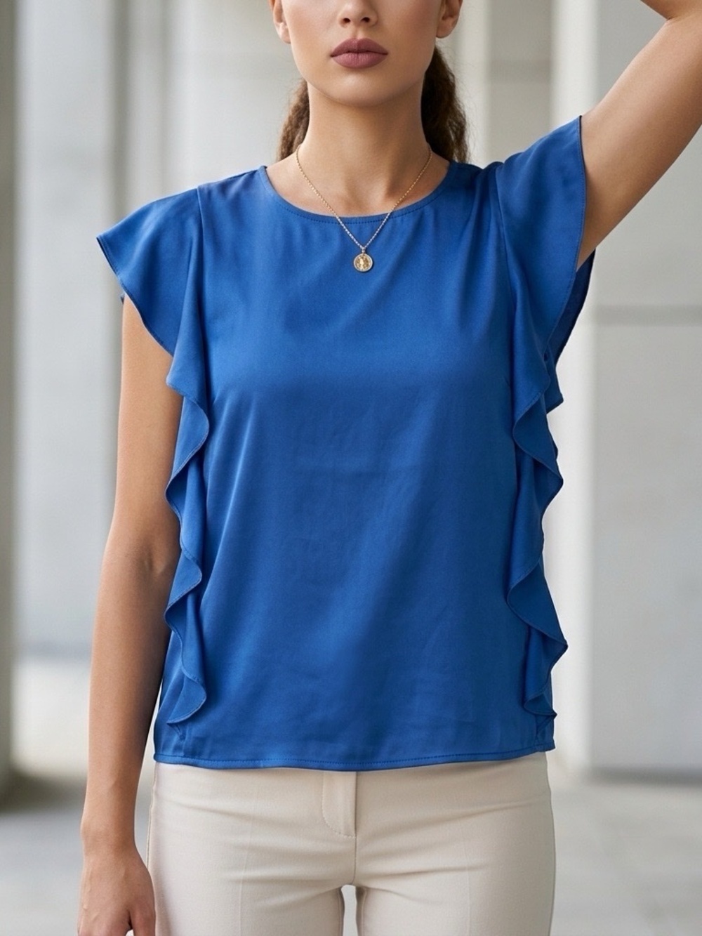 Bobeau Ruffle Trim Top Womens Medium Office Career Business Party Elegant